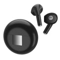 White Budz5 wireless Bluetooth semi-in-ear headphones with charging case showing earbuds and compartment