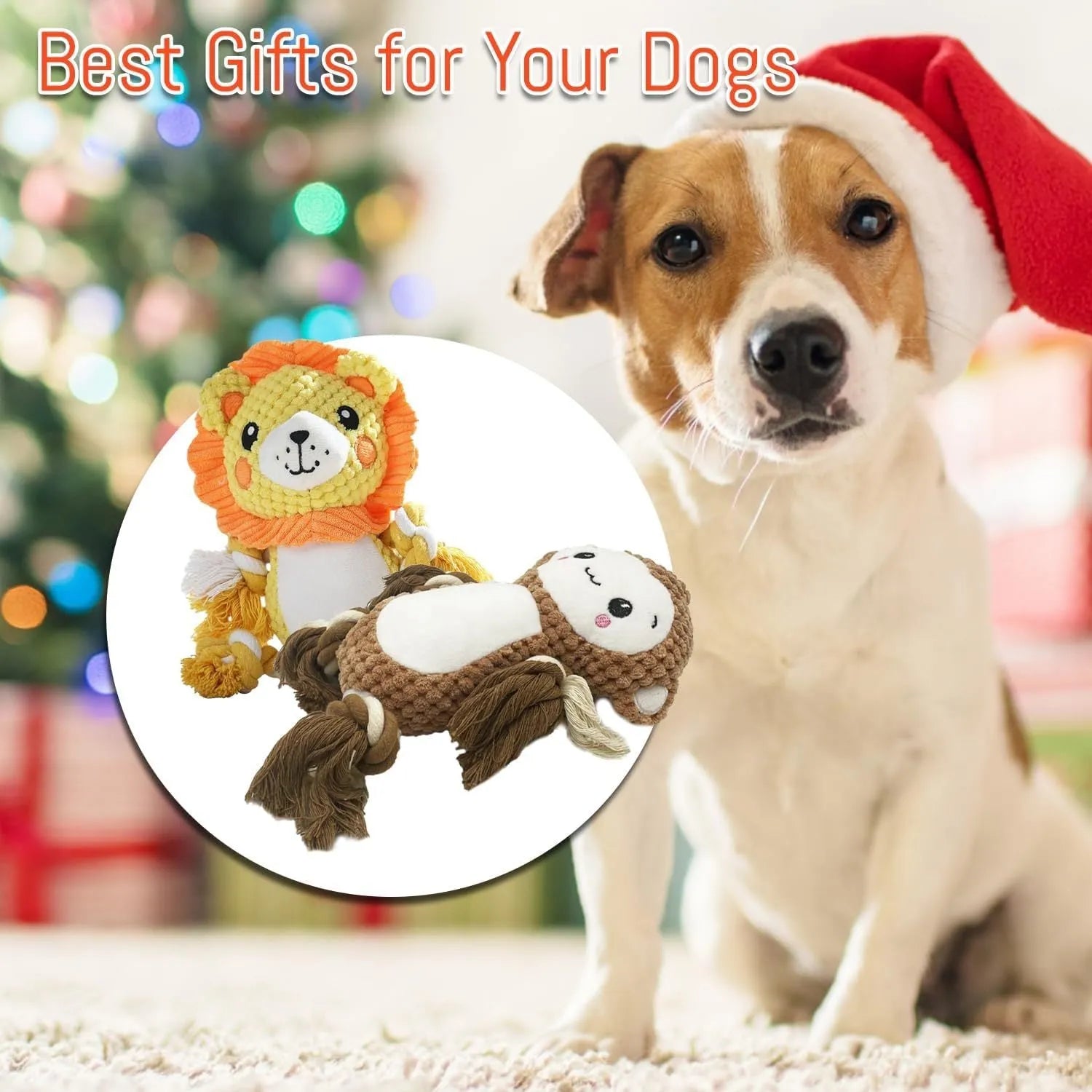 Lion and monkey soft plush squeaky dog toys side by side.