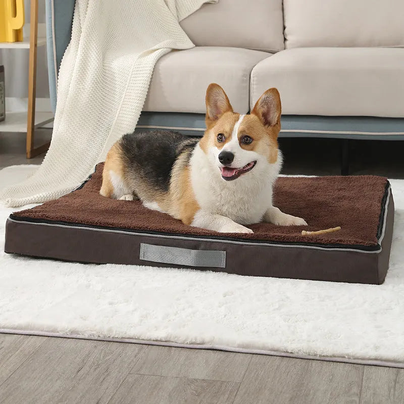Brown removable washable memory sponge dog mat for pets showing size options.