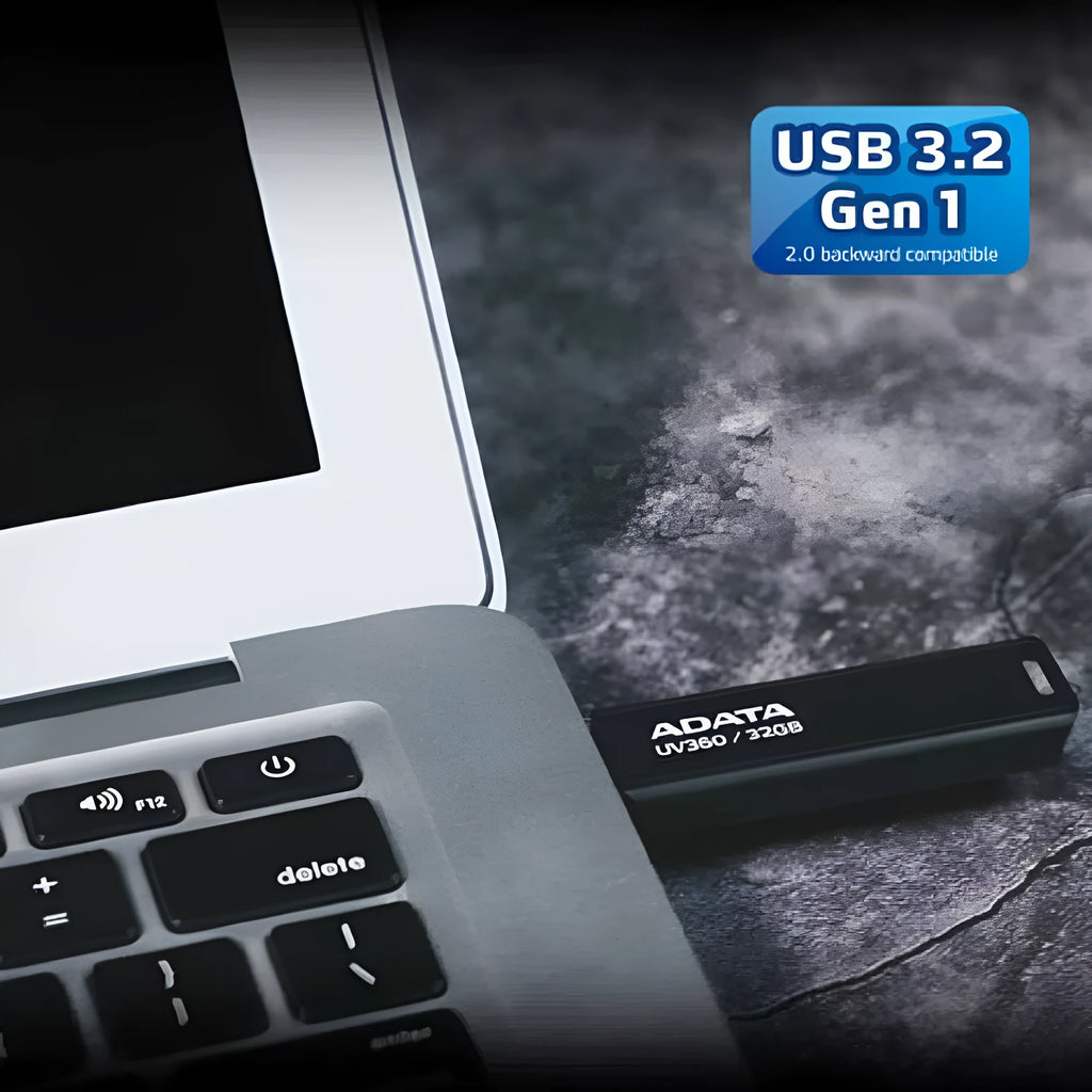 Black car USB flash drive showing compact dimensions and USB 3.2 connector