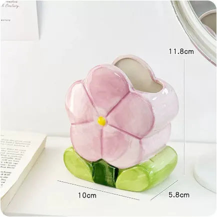Ceramic flower pen holder storage box with floral design for desktop organisation