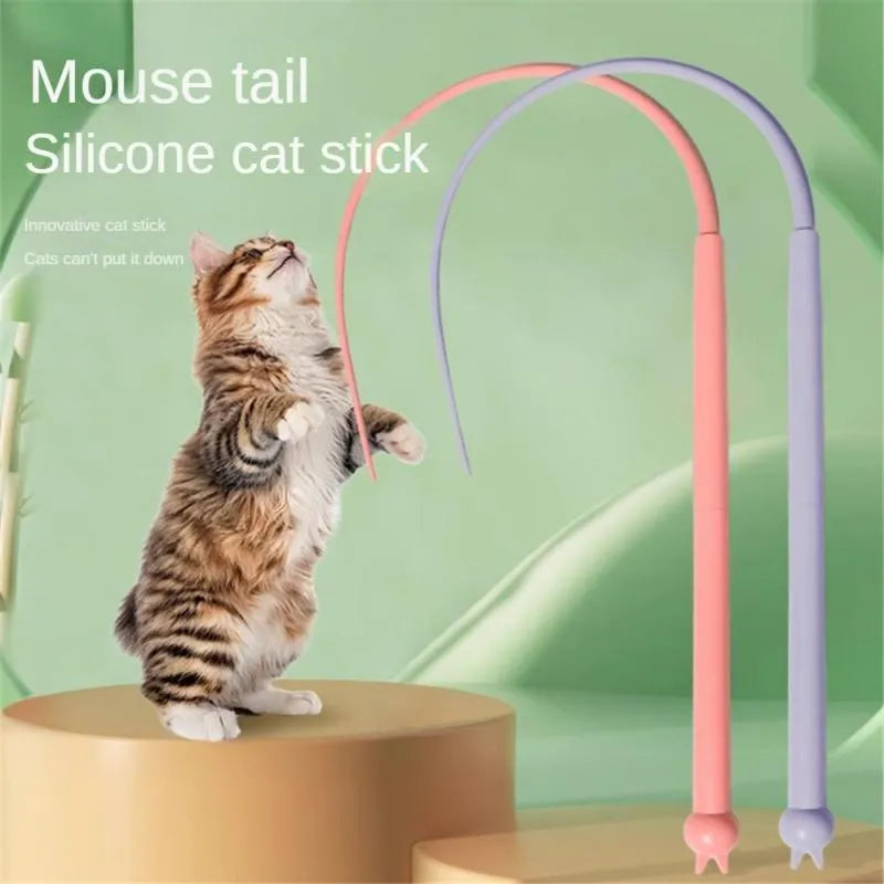 Blue silicone mouse tail cat toy with ABS handle for interactive pet play