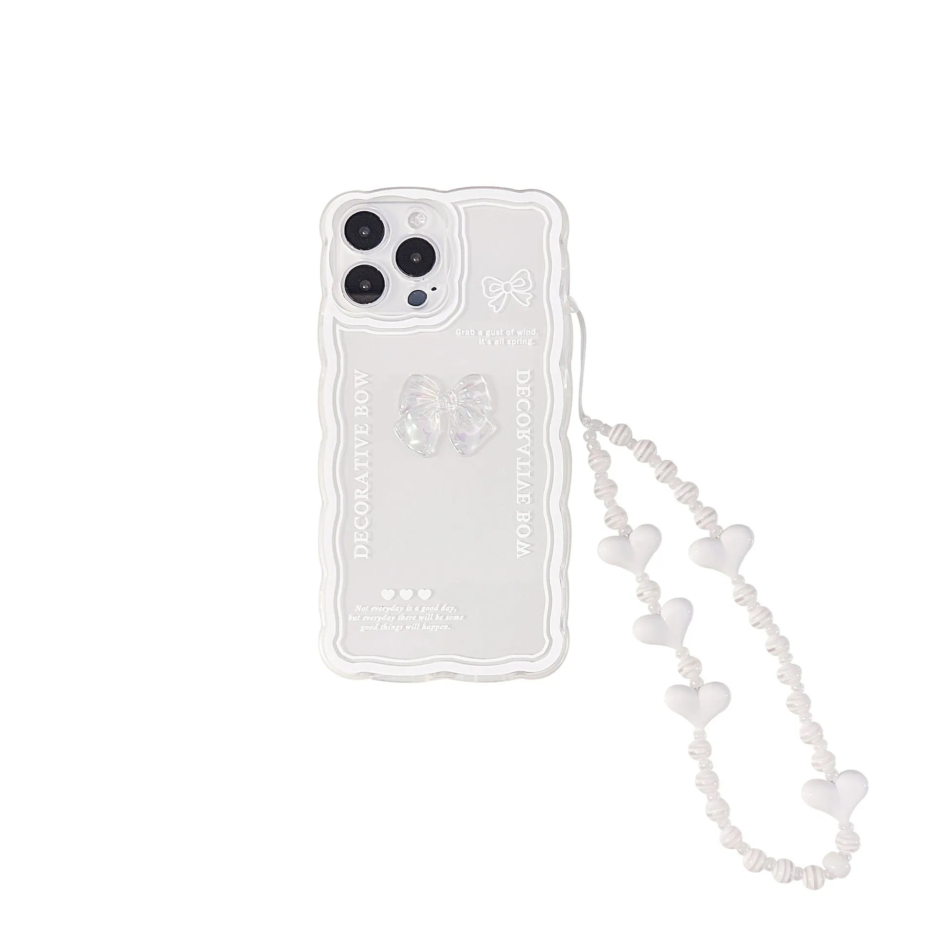 Transparent TPU iPhone case with three-dimensional ice-through bow design on white background