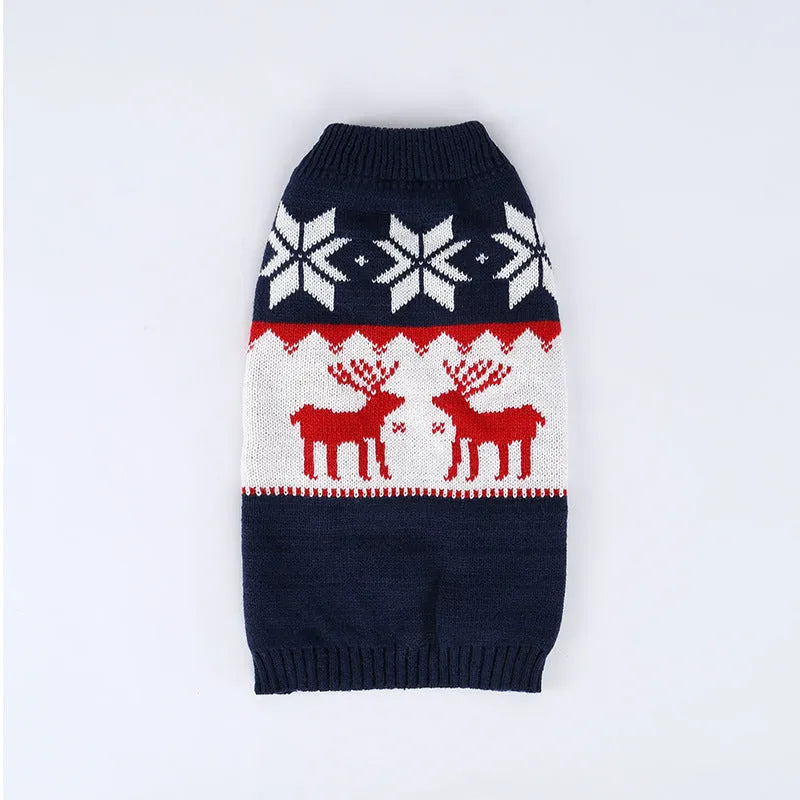 Navy blue knitted Christmas sweater for dogs on various sized pets