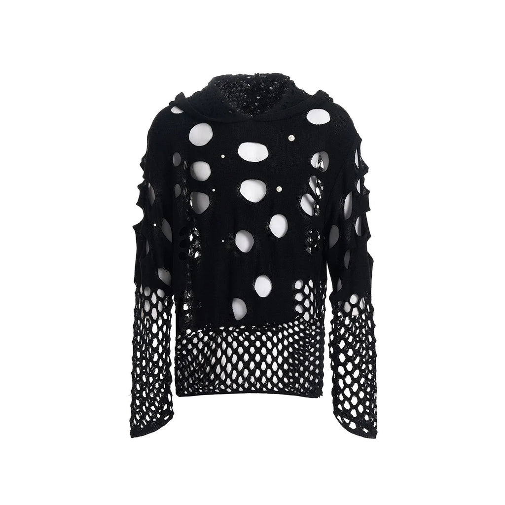 Men's black hooded sweater with pearl decoration and loose fit