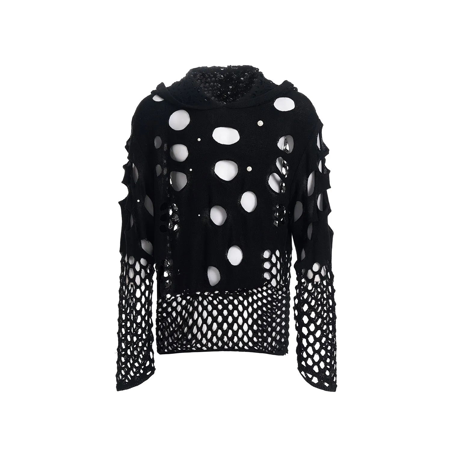 Men's black hooded sweater with pearl decoration and loose fit