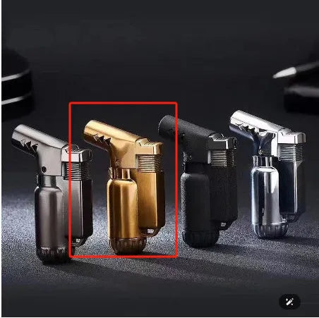 Full metal windproof punch lighter in black, gold, gray, or silver, showing its 72mm length.