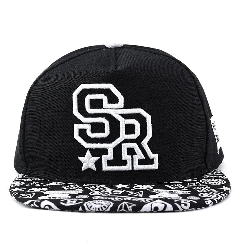 Cotton baseball hat with dome crown and letter embroidery in white or black with adjustable strap