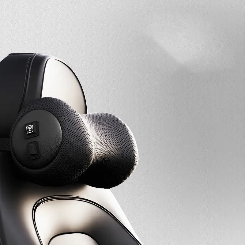 Car seat electric massage cushion and headrest in memory foam, shown in grey colour.