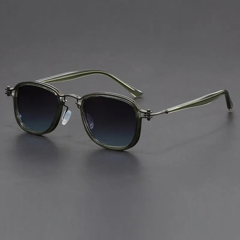 Retro square frame sunglasses in plastic and metal with AC lenses shown in a choice of six colours.