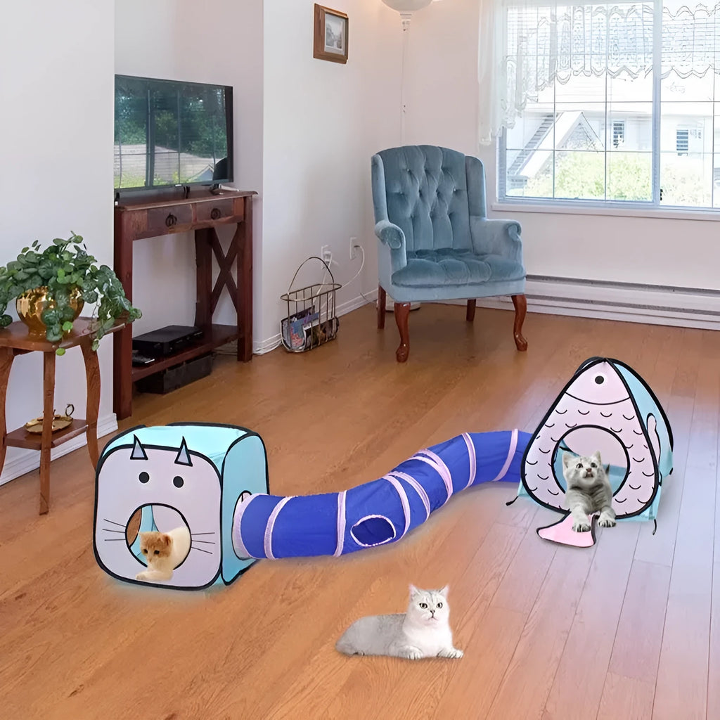 Foldable pet tent and tunnel play set with cat fish design displayed assembled
