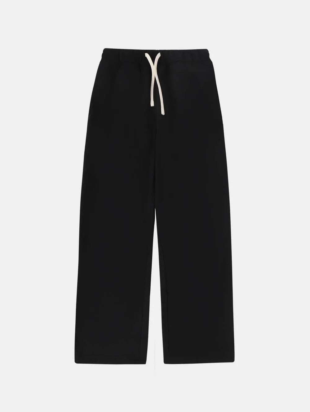Men's black fleece-lined sweatpants with a drawstring elastic waistband and loose fit leg.