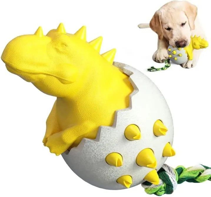 Blue durable rubber dinosaur dog chew toy with nylon rope for aggressive chewers