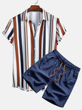 Man wearing a digitally printed short-sleeve cardigan and matching shorts from a casual suit set.