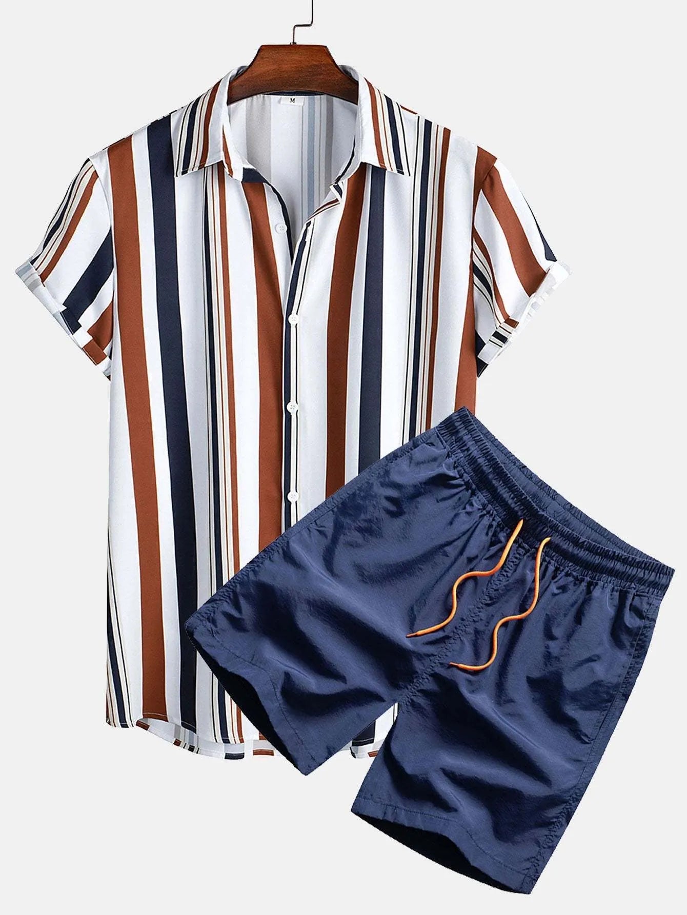 Man wearing a digitally printed short-sleeve cardigan and matching shorts from a casual suit set.
