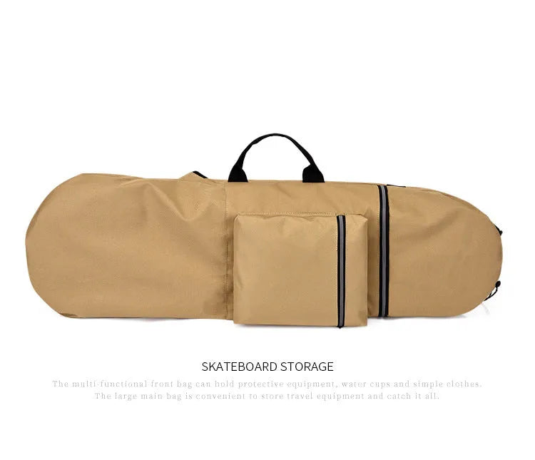 Waterproof nylon skateboard backpack in camouflage, showing large capacity for fishing rods and sports gear.