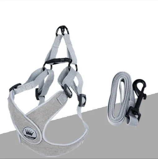 Adjustable mesh dog harness with reflective strips and metal D-ring in blue colour