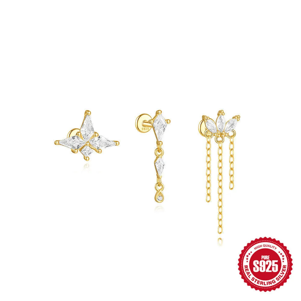 S925 sterling silver geometric kite-shaped earring with rhinestone chain tassel in a gold colour finish.