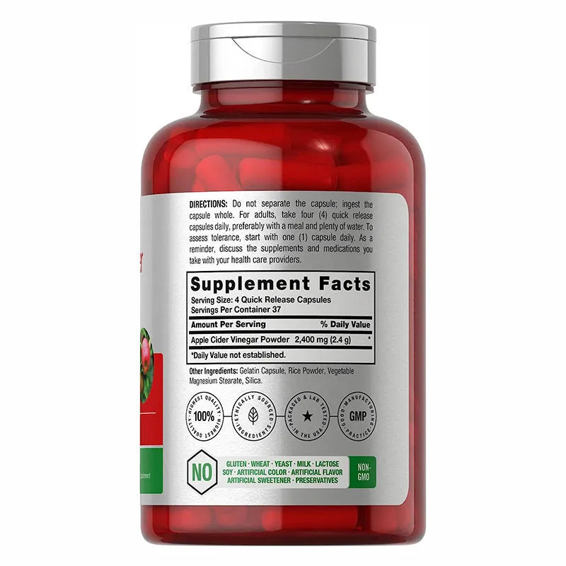 Bottle of 150 Health Vinegar Capsules containing apple cider vinegar dietary supplement tablets.