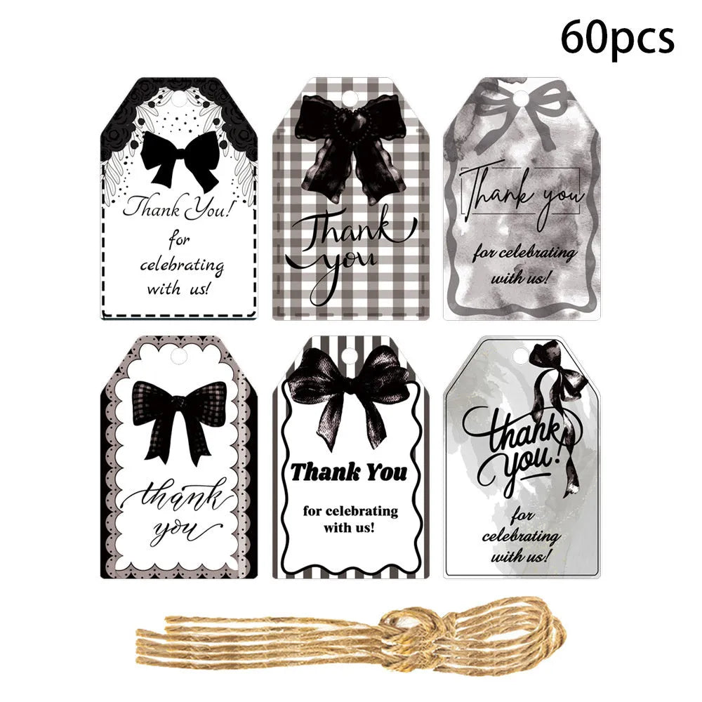 60 paper birthday gift tags with natural jute twine in three decorative bowknot styles