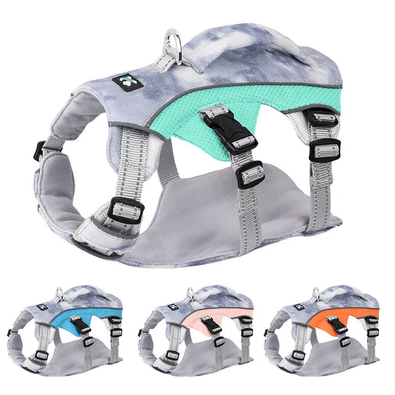 Reflective blue polyester chest strap harness for dogs on a lead, showing adjustable fit.