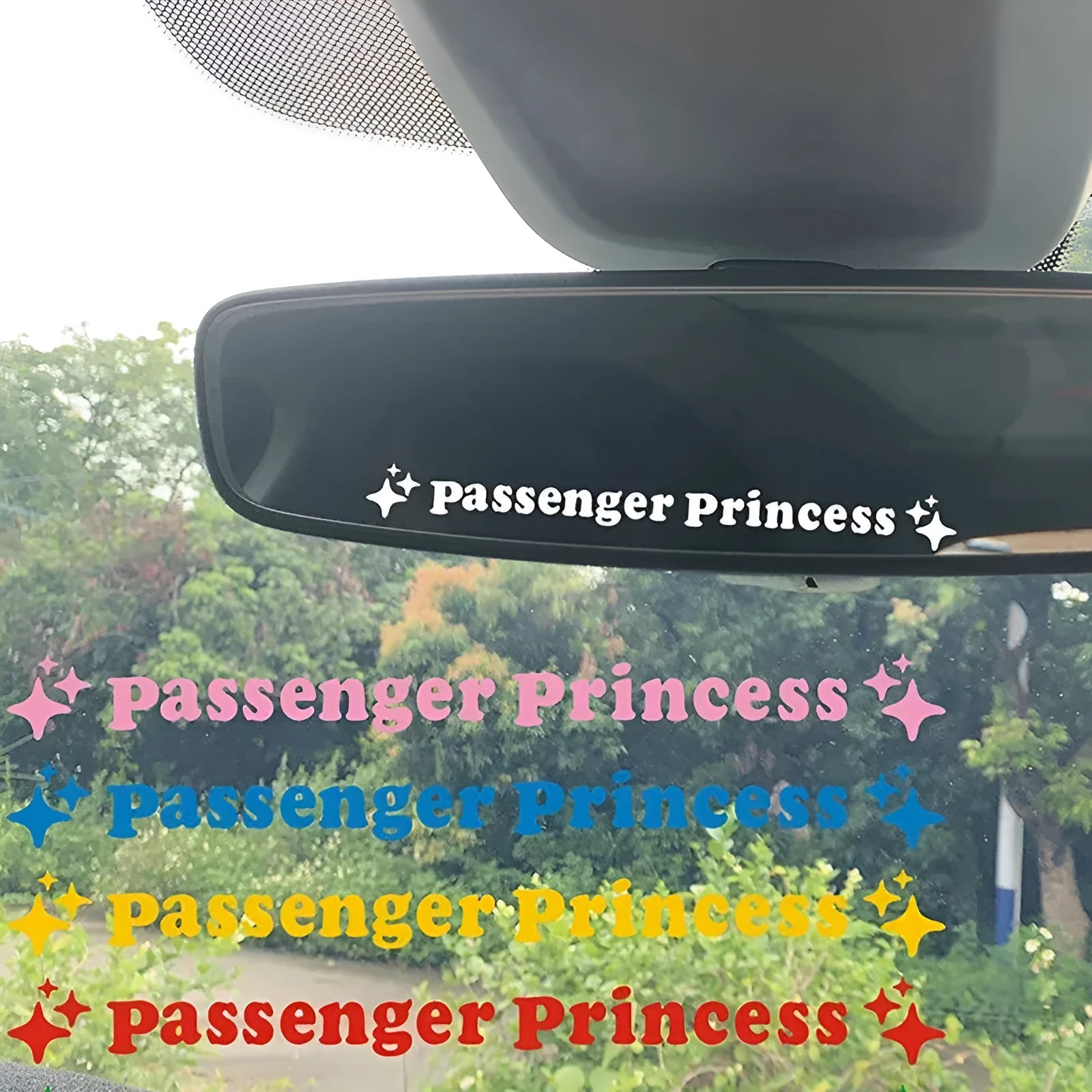 Passenger princess decorative vinyl sticker for car rearview mirror, 12.5 cm, shown in reflective red.