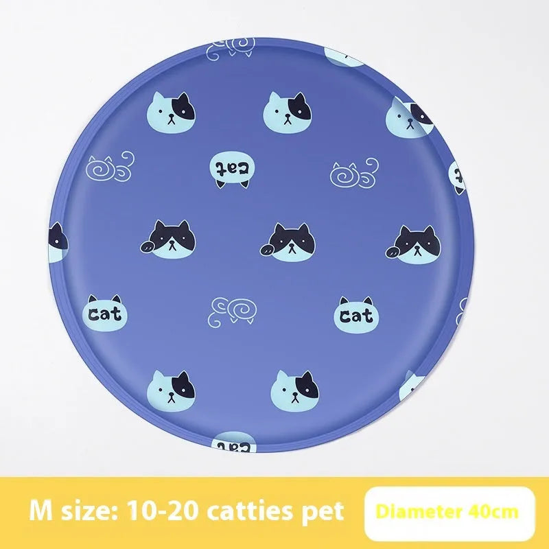 Round pet cooling mat with colourful cartoon design for dogs, showing gel filling and cloth cover