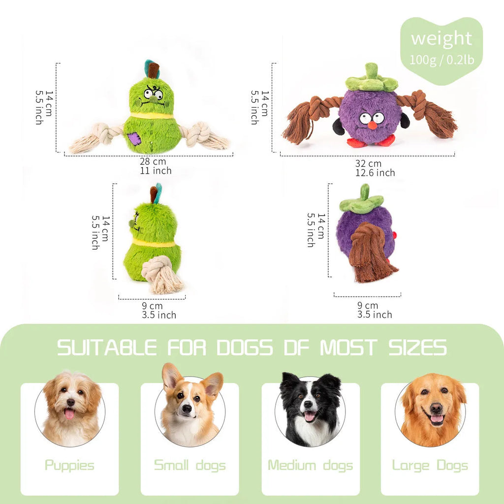 Green and purple plush rope knot dog toy with molar tooth texture for interactive tug play