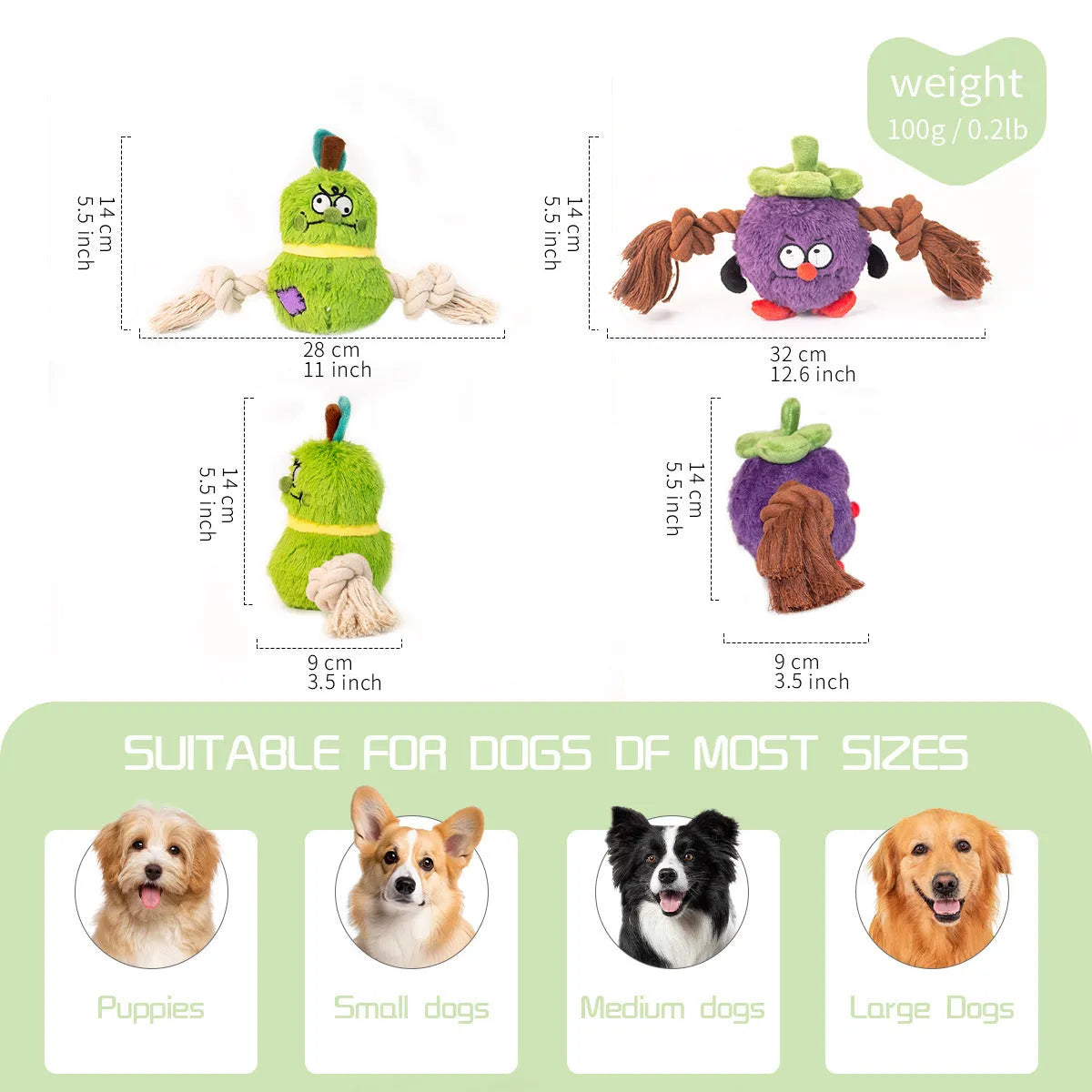 Green and purple plush rope knot dog toy with molar tooth texture for interactive tug play