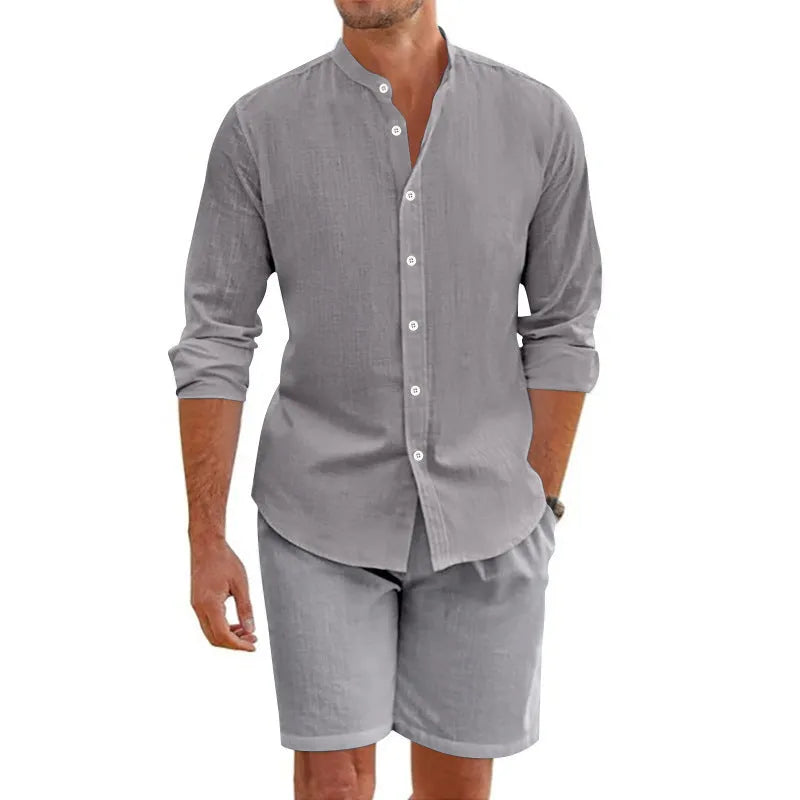 Men's dark grey linen blend short sleeve shirt and drawstring shorts casual summer suit set