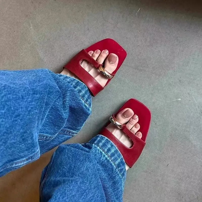 Plus size outdoor leather slippers with square head design in black, red, silver, and white colours
