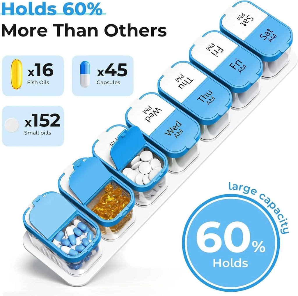Portable pill box dispenser with 14 removable compartments showing white and rainbow colour options