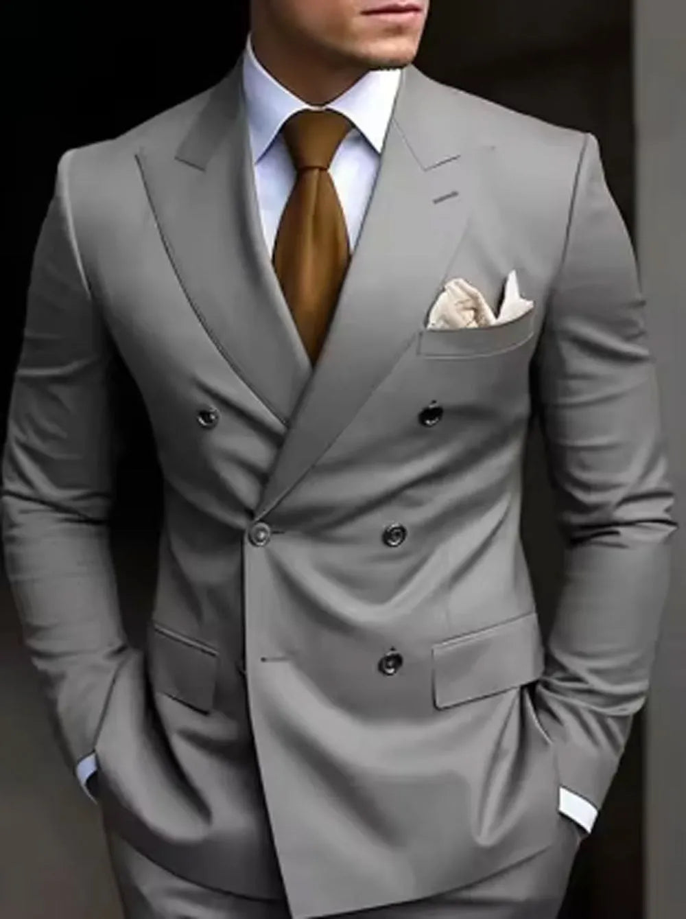 Men's Korean-style slim fit two-piece suit in cotton blend fabric showing jacket and trousers