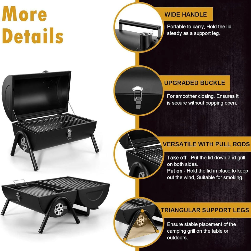 Small foldable charcoal barbecue stove with grill attachment on desktop