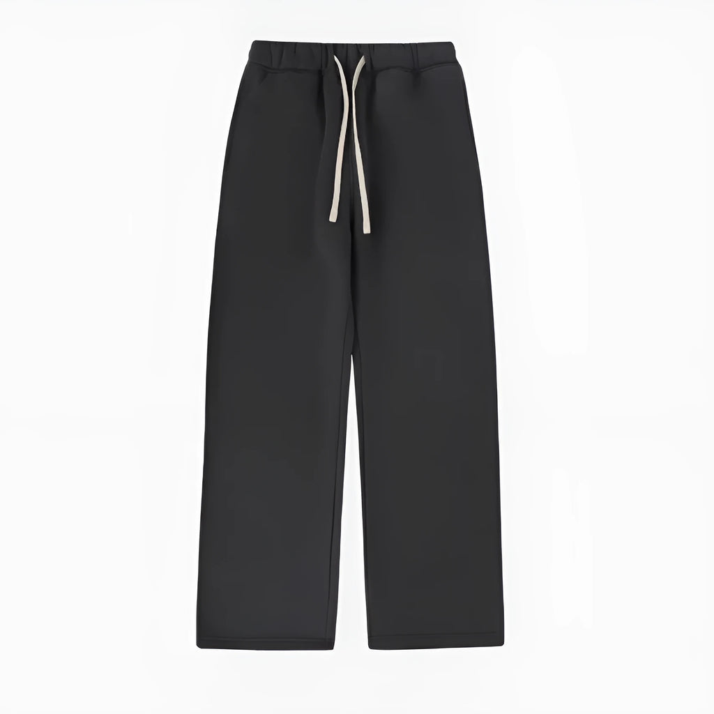 Men's black fleece-lined sweatpants with a drawstring elastic waistband and loose fit leg.