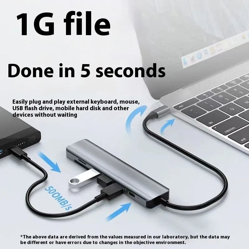 USB C 7-in-1 expansion dock with HDMI port, USB 3.0 connections, and 15cm cable for laptop connectivity