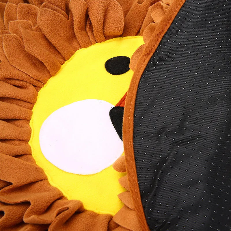 Brown lion design pet sniffing pad with textured surface for hiding dog or cat treats