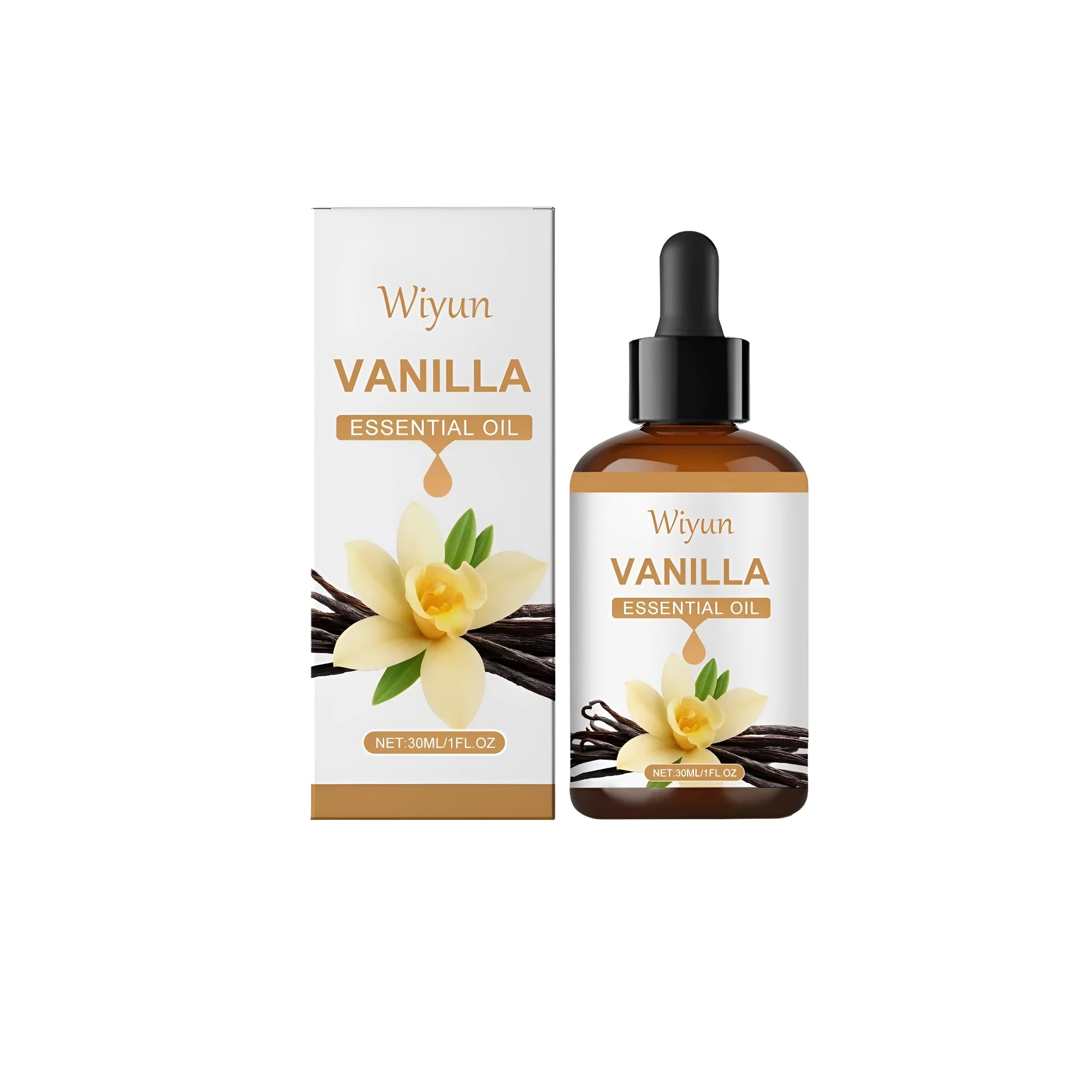 30ml glass bottle of clear vanilla flavoured oil for baking and cooking.