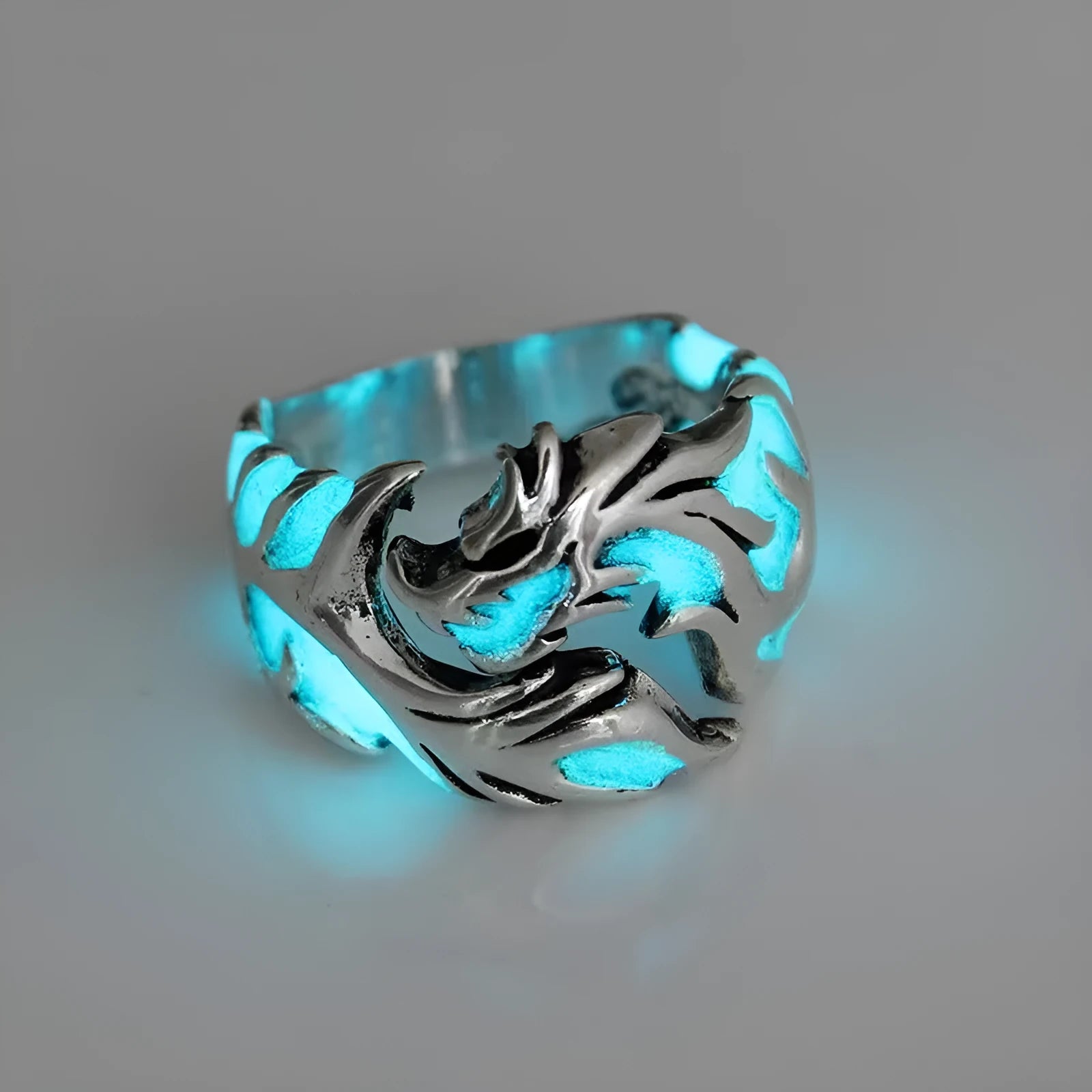 Chinese style luminous dragon pattern adjustable ring in antique silver blue and green colour.