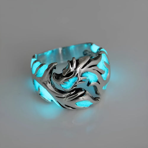 Chinese style luminous dragon pattern adjustable ring in antique silver blue and green colour.
