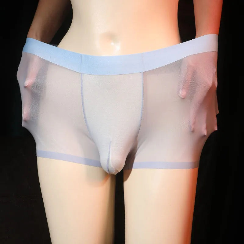 Men's solid colour ultra-thin transparent nylon ice silk boxer shorts on a size chart.