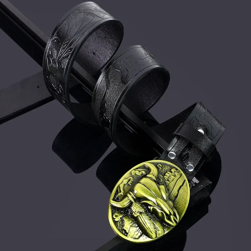 Men's belt with cow head alloy buckle in imitation leather with pin buckle fastening