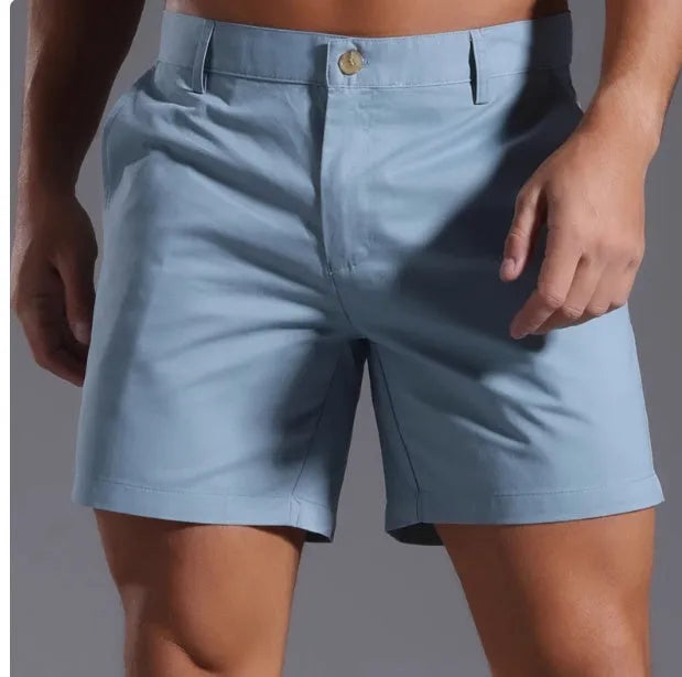 Men's grey cotton blend casual sports shorts with a straight leg and elastic waistband.