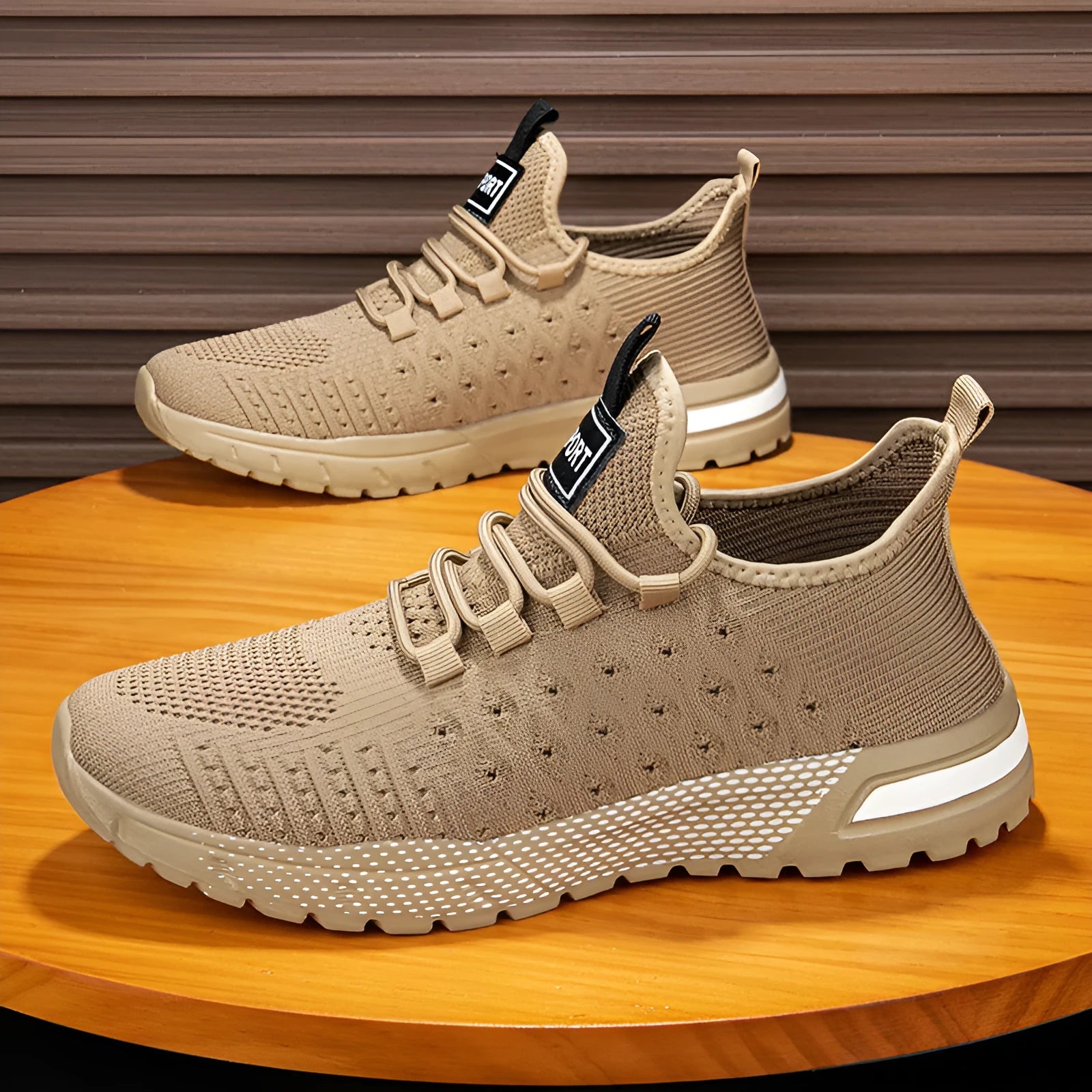 Men's solid colour casual shoes with a mesh upper in Army Green, shown in size 42.