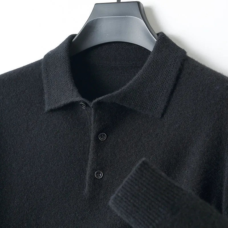 Men's grey wool pullover sweater with a polo collar and long sleeves on a hanger