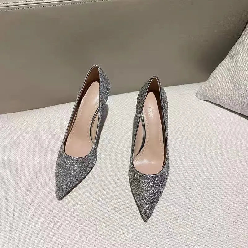 Women's wedding shoes with crystal decoration, stiletto heels in silver and black colours