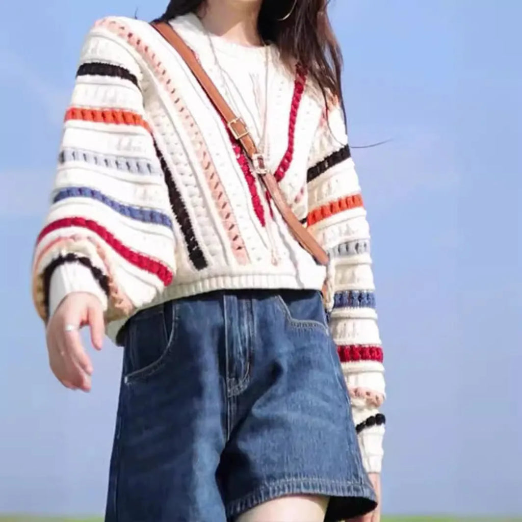 Women's retro rainbow striped hollow sweater with batwing sleeves and round neck