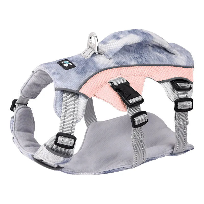 Reflective blue polyester chest strap harness for dogs on a lead, showing adjustable fit.