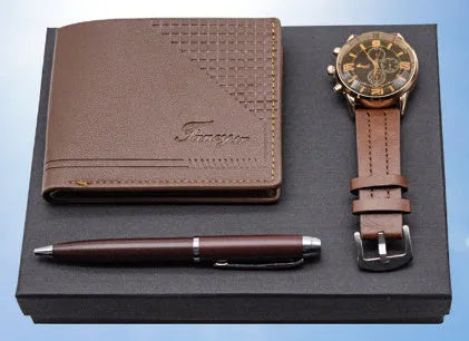 Business gifts set showing wallet, pen and watch in modern black presentation within OPP gift box