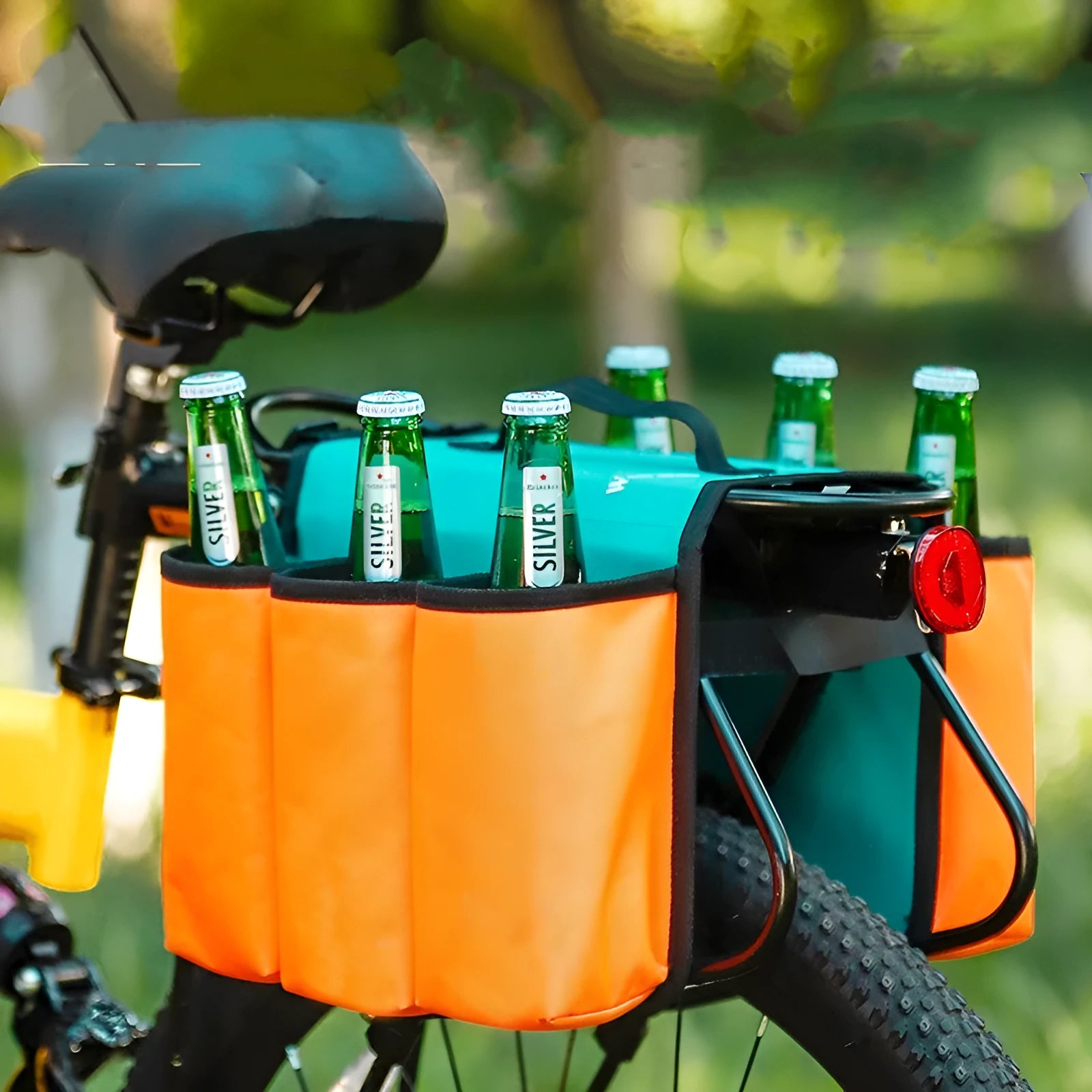 Bicycle double-sided drink storage bag in black showing 2 litre capacity and 600D PVC construction